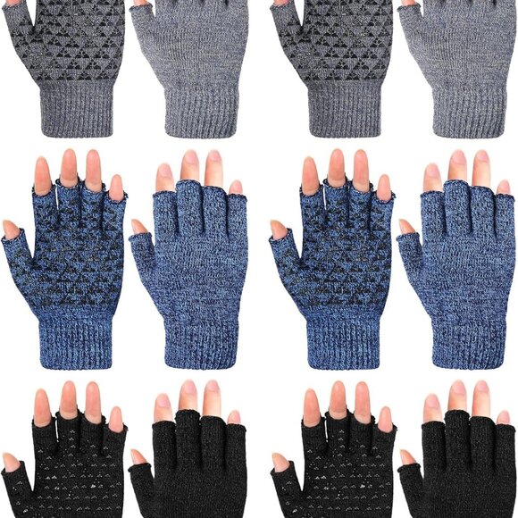 Winter Knit Half Finger Gloves 6 Pairs Acrylic Anti-Slip Texting Men Women - Picture 1 of 6